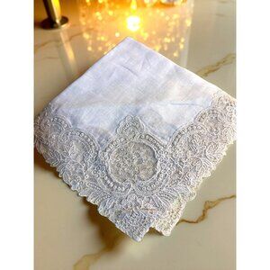 Vintage Linen Handkerchief with Medallion Lace – Bridal or Newborn Keepsake Heir